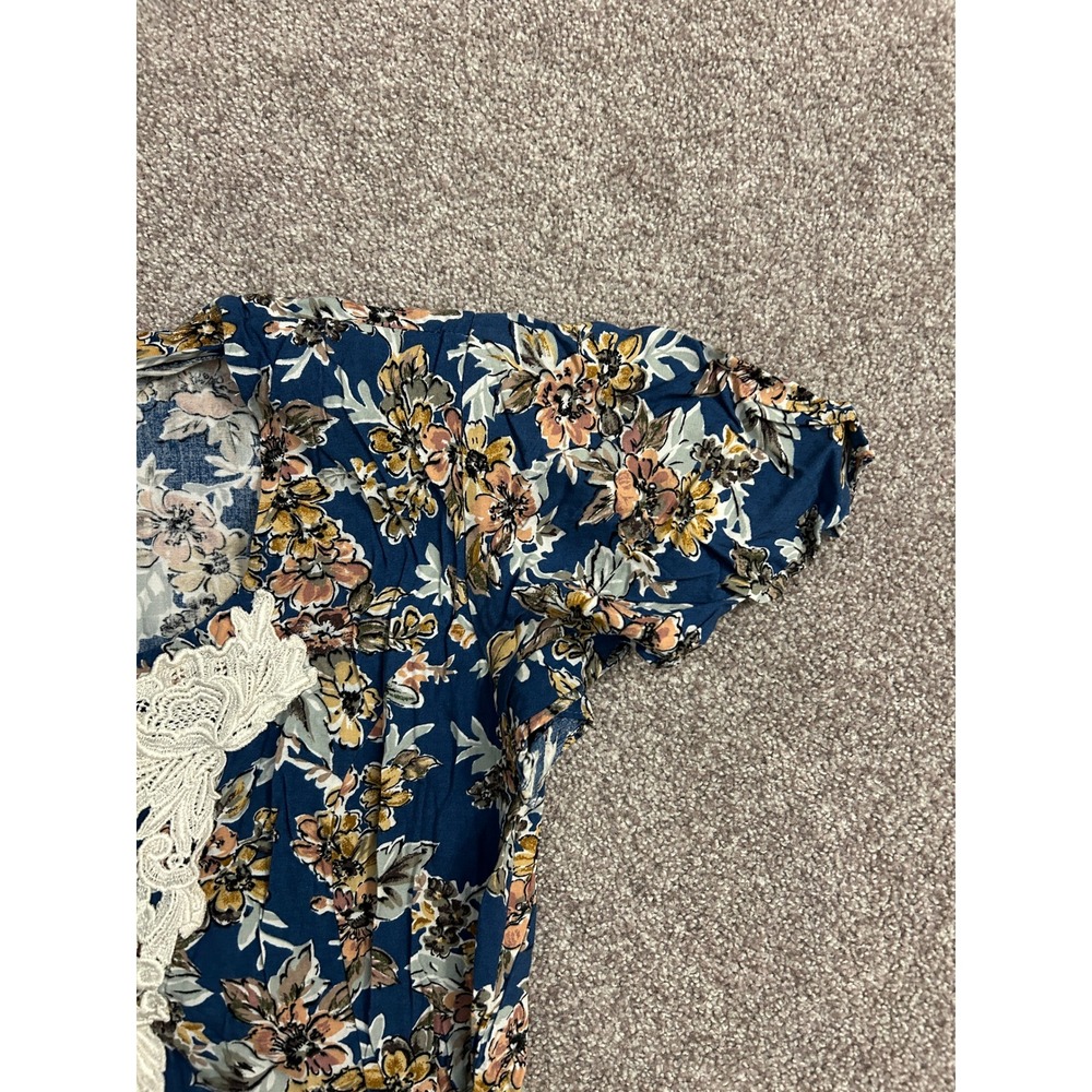 VTG Bentley Floral Midi Dress Womens 14 Blue Excellent Crochet Lace Bib Boho - Picture 7 of 12